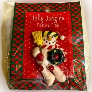 VTG RARE GANZ JOLLY JANGLES FESTIVE PINS 2.5” SNOWMAN DOUGH CHRISTMAS HOLIDAY