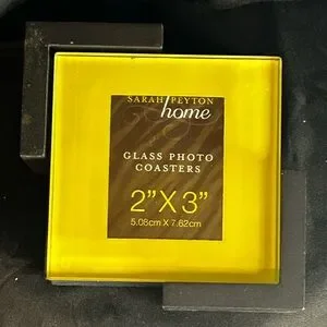 VTG Sarah Payton 2010 4 Colorful Solid Glass Photo Coasters W/Black Wood Holder
