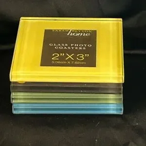 VTG Sarah Payton 2010 4 Colorful Solid Glass Photo Coasters W/Black Wood Holder