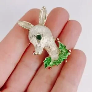 VTG Signed Gerry’s Christmas Rudolph Reindeer Brooch Gold Tone Enamel Pin Retro
