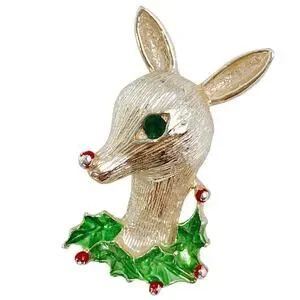 VTG Signed Gerry’s Christmas Rudolph Reindeer Brooch Gold Tone Enamel Pin Retro