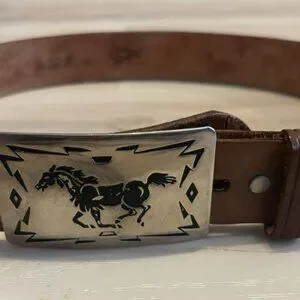 Vtg Tooled Leather Horse Design Belt W/Chambers Belt Co. Buckle USA Western Styl
