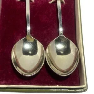 VTG USSR Soviet Volga Silver Gold Plated Cupronickel Melchior Spoon 2pc Gift Box