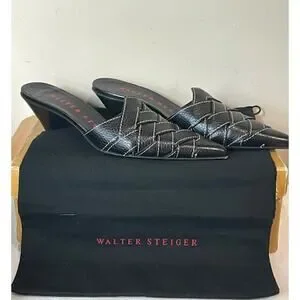 Walter Steiger Pointed Toes Black Leather Mules Woven Kitten Heel Size 5