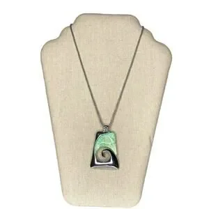 Wave Pendant Necklace Silver Tone And Teal