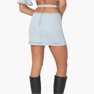 We Wore What Indigo Comfort Skirt Cut Out Sm Super Light Mini Denim Revolve NWT