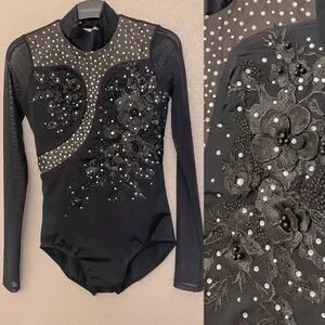 Weissman solo custom Dance costume black Long sleeve mesh Leotard 14627 LC