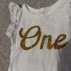 White And Gold Lace Sleeve Baby One Onesie