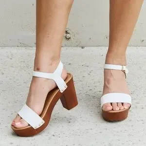 White Ankle Strap Open Toe Block Heels