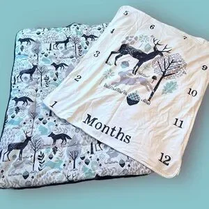 White Blue Baby Blanket Carousel Designs Forest Animals Woodland Creatures Month