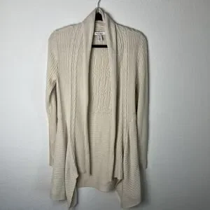 White House Black Market Sweater Womens Medium Ivory Open Front Cardigan Ribbed