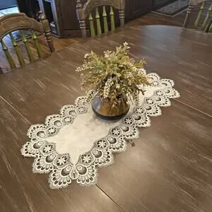 White Lace Cutwork Table Runner 29x13 Embroidered Floral Elegant Dresser Scarf