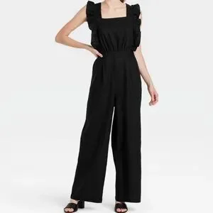 Who What Wear Jumpsuit Womens Size Large Black Ruffle Linen Rayon Summer Resort