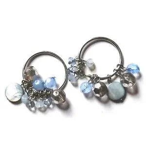 Women's Blue Teal Gemstone Beaded Earrings Hoop Dangle Hook Classic Preppy Lobe