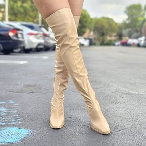 Women's Thigh High Over The Knee Boots Chunky Heel Nude Color