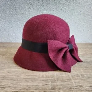 Wool Bucket Hat Maroon And Black With Bow