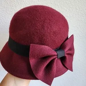 Wool Bucket Hat Maroon And Black With Bow