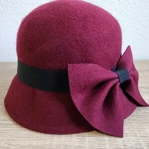 Wool Bucket Hat Maroon and Black with Bow