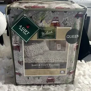 Woolrich Cotton Flannel Winter Christmas Trucks Queen Sheet Set