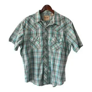 Wrangler Short Sleeve Aqua Blue Plaid Shirt Size XL Men