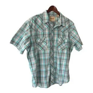 Wrangler Short Sleeve Aqua Blue Plaid Shirt Size XL Men