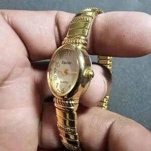 Xavier Ladies Quartz Fashion Watch Gold Tone Working Stretch Band Black Dial