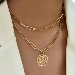 Yellow Gold Women's & Metal Punk Chain Necklace With Round Pendant