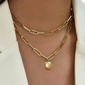 Yellow Gold Women's & Metal Punk Chain Necklace With Round Pendant
