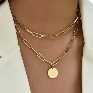 Yellow Gold Women's & Metal Punk Chain Necklace With Round Pendant