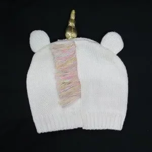 Youth Girls Cream Knit Unicorn Hat Bonnet Beanie