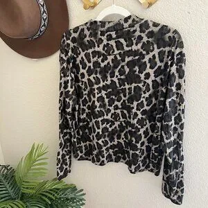 Zara Army Green Ribbed Mesh Cheetah Animal Print Turtleneck Long Sleeve Shirt