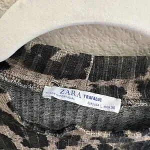 Zara Army Green Ribbed Mesh Cheetah Animal Print Turtleneck Long Sleeve Shirt