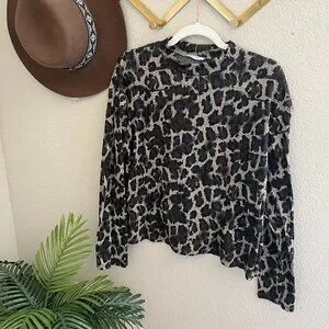 Zara Army Green Ribbed Mesh Cheetah Animal Print Turtleneck Long Sleeve Shirt