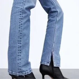 Zara Jeans Straight Leg Split Hem High Rise Casual Denim Blue 2