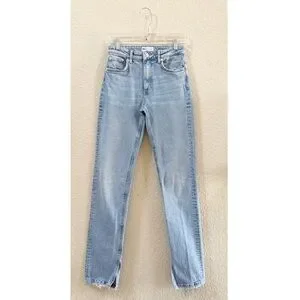 Zara Jeans Straight Leg Split Hem High Rise Casual Denim Blue 2
