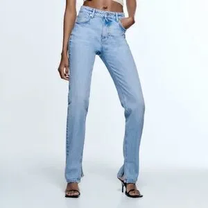 Zara Jeans Straight Leg Split Hem High Rise Casual Denim Blue 2