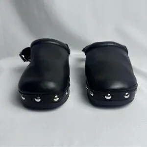 Zara Kids Girls Black Studded Leather Clogs Size 33/1.5 Wooden Heel Lightweight