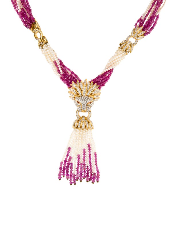 Necklace 18K Pearl Sapphire & Diamond Multistrand Lavalier Necklace