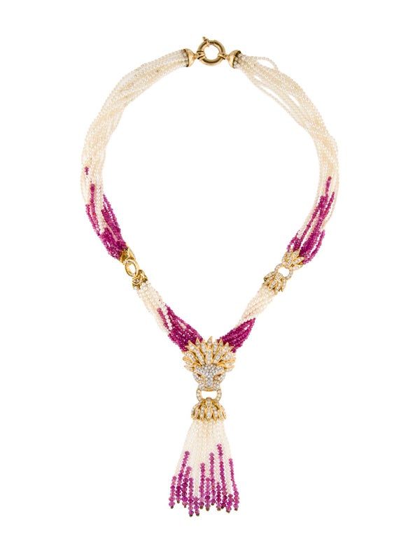 Necklace 18K Pearl Sapphire & Diamond Multistrand Lavalier Necklace