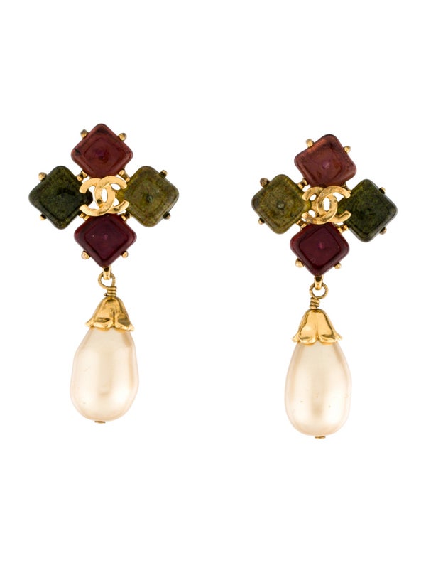 Chanel Vintage Faux Pearl & Gripoix CC Drop Earrings