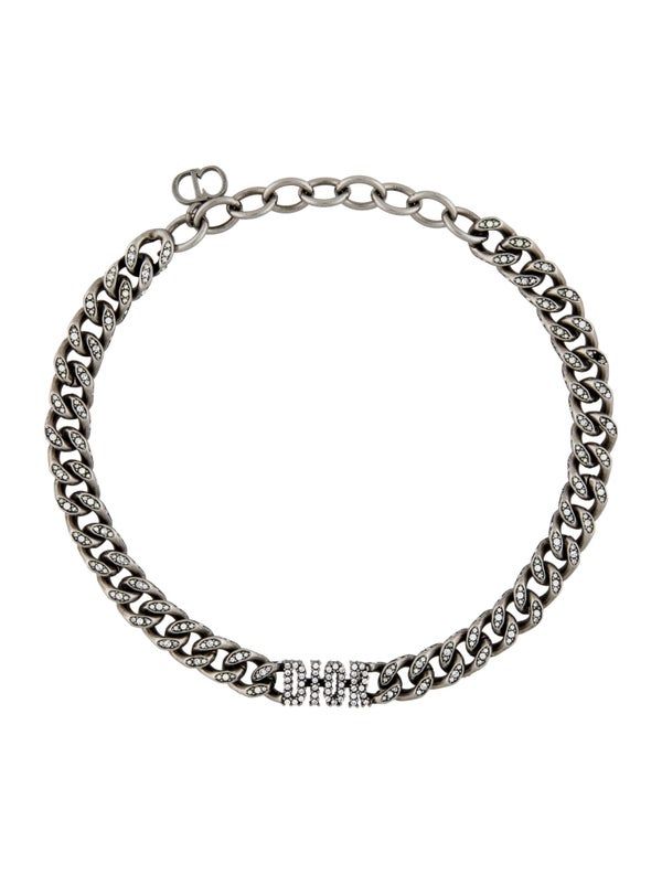 Christian Dior Crystal Logo Curb Chain Choker Necklace