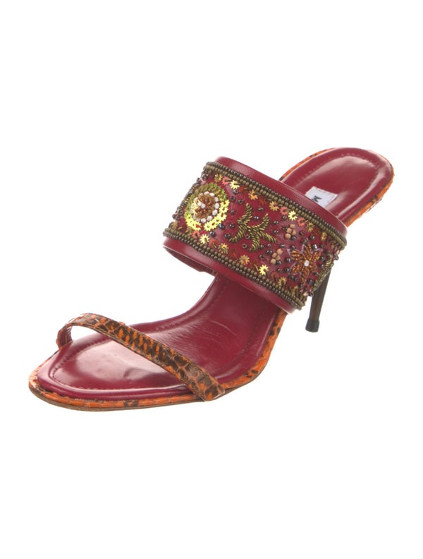 Manolo Blahnik Leather Animal Print Slides