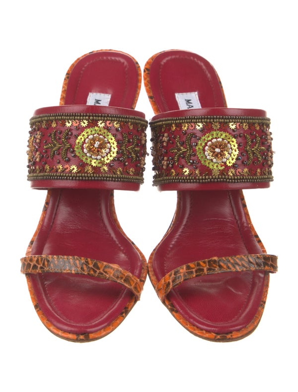 Manolo Blahnik Leather Animal Print Slides