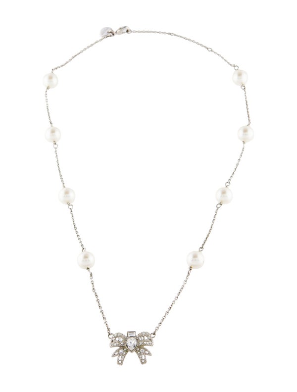 Miu Miu Faux Pearl & Crystal Bow Pendant Necklace