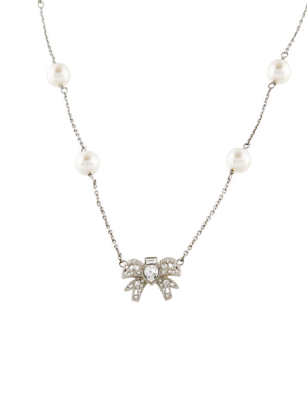 Miu Miu Faux Pearl & Crystal Bow Pendant Necklace