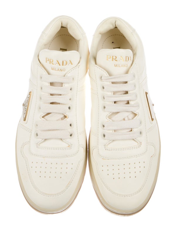 Prada Enameled Metal Triangle Leather Sneakers