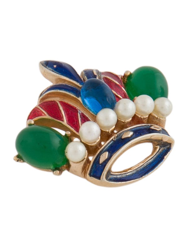 Trifari Crystal Resin & Faux Pearl Crown Brooch