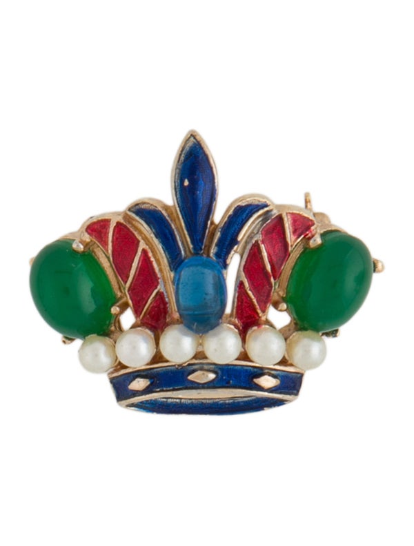 Trifari Crystal Resin & Faux Pearl Crown Brooch