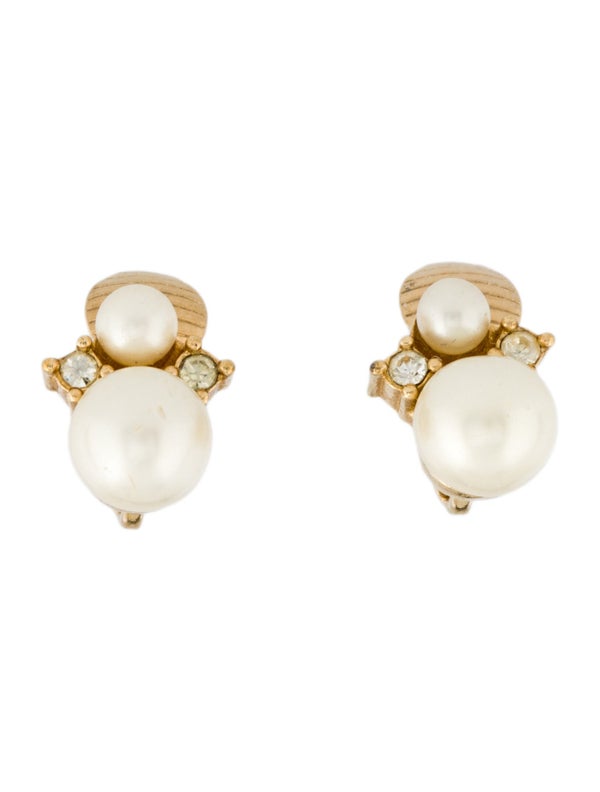 Christian Dior Vintage Faux Pearl & Crystal Clip-On Earrings