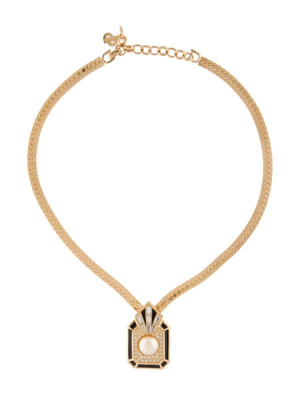 Christian Dior Vintage Faux Pearl Enamel & Crystal Collar Necklace